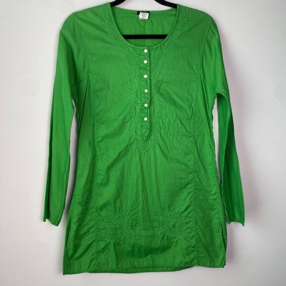 J.Crew Vintage Long Sleeve Embroidered Tunic Top Swim Coverup Green Sz SM - Picture 1 of 11